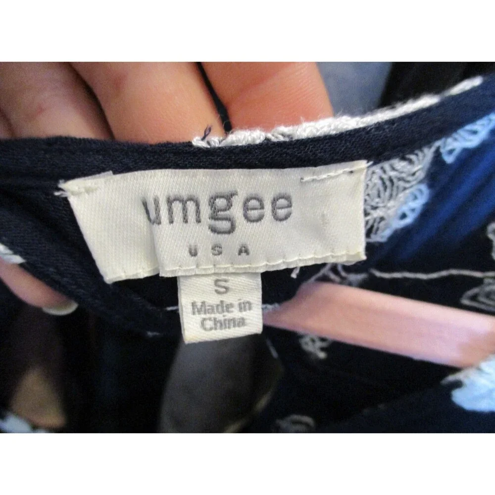 Umgee Womens Sz S Navy Blue Embroidered Gauze Trapeze Dress Floral Angel Sleeve - Picture 6 of 7